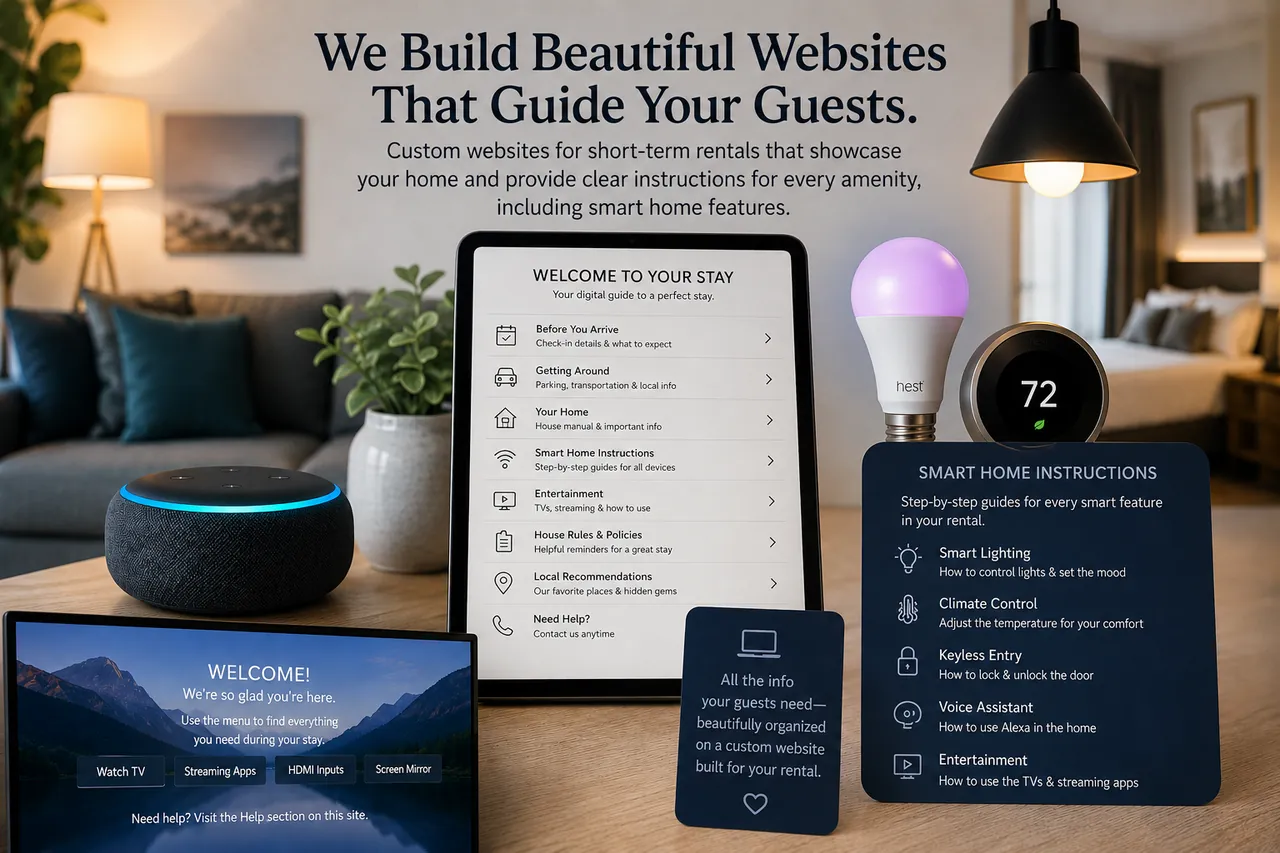 Short-term rental guest guide concept showing a tablet-based stay guide, smart home instructions, and guest experience design.